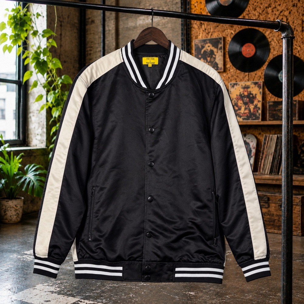 Five Four by Post-Imperial Satin Bomber Jacket Black White Striped Large